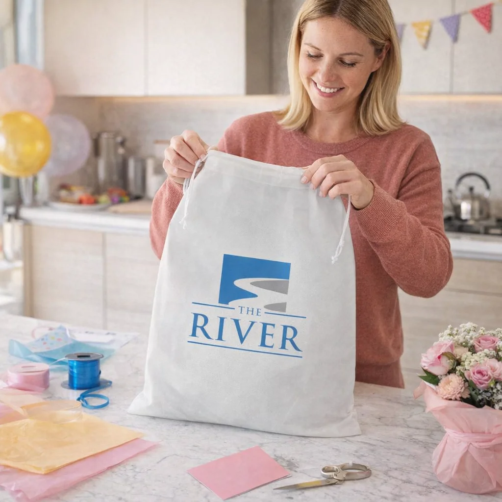 Smiling woman holds a large Bondi Drawstring Gift Bag in a decorated kitchen.