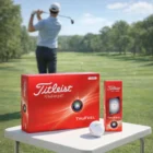 Titleist TruFeel Golf Balls displayed on a table, golfer swings in the background.