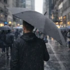 Person holding a Blunt Classic Umbrella in a rainy city street, seen from behind.