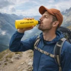 Man in hiking gear drinks from a 600ml Sarai Intrepid Bottle with "Your Logo Here" on trail.