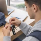 Young man with keys on a Dillon Key Rings - Screen Print by a notebook and backpack.