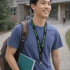Smiling student with backpack and notebook, wearing Glow In The Dark Emory Lanyards.
