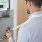 Man uses a Vida Custom Lanyards white lanyard to unlock an office door.