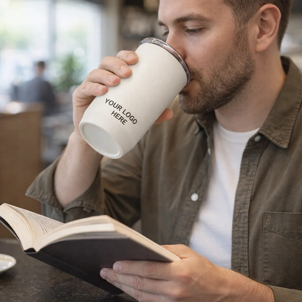 Man drinking from a Camelbak Horizon Vacuum Tumbler 500Ml while reading a book at a table.