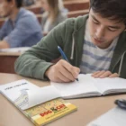 Young man taking notes with a 90x160mm full colour custom note pad on his desk.