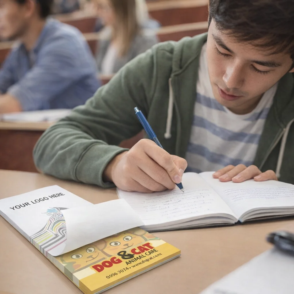 Young man taking notes with a 90x160mm full colour custom note pad on his desk.