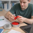 Man stretches Stress Putty In Branded Containers at his desk with notes and a laptop.