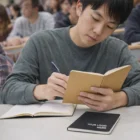 Student writing in a Moleskine Cahier Journal at a desk with one labeled Your Logo Here.