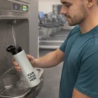 Man fills an 800Ml Custom Logo Steel Drink Bottle at a gym water station.