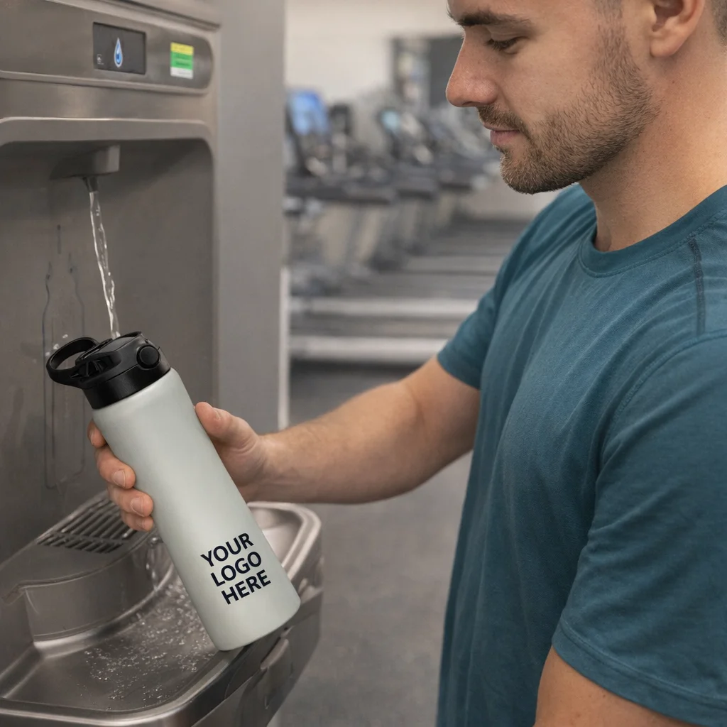 Man fills an 800Ml Custom Logo Steel Drink Bottle at a gym water station.
