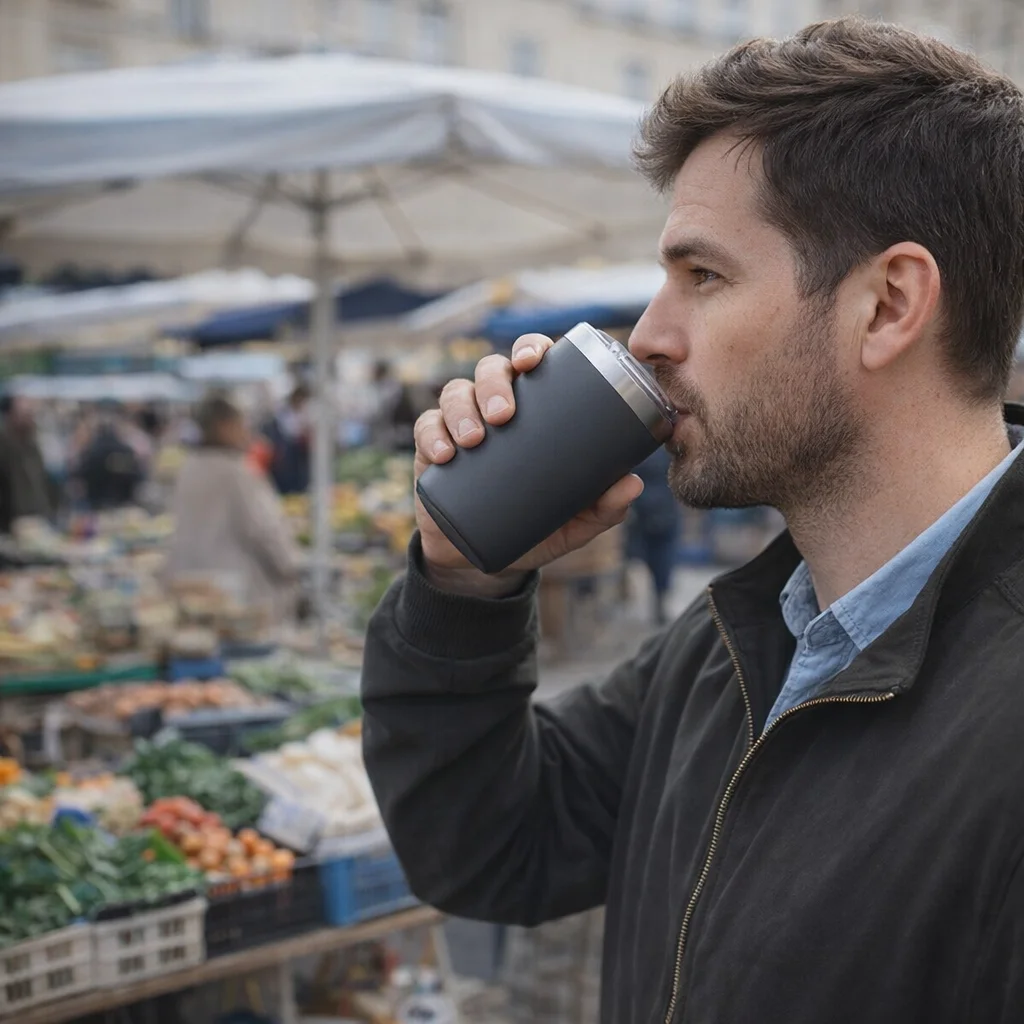 Man sipping from a Torpedo Coffee Cup at an outdoor market with produce stalls in the background.