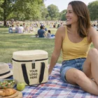 Woman relaxing on a picnic blanket with a Melton Cooler Bag featuring Your Logo Here.