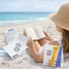 Woman reading on a beach with travel kit, branded bag, and Sunburn Custom Alert Stickers nearby.