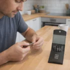 Man using Braelynn Manicure Sets at kitchen table with pouch labeled "Your Logo Here".