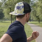 Man jogging in the park, wearing a Nico Custom Flat Peak Mesh Cap and a dark t-shirt.