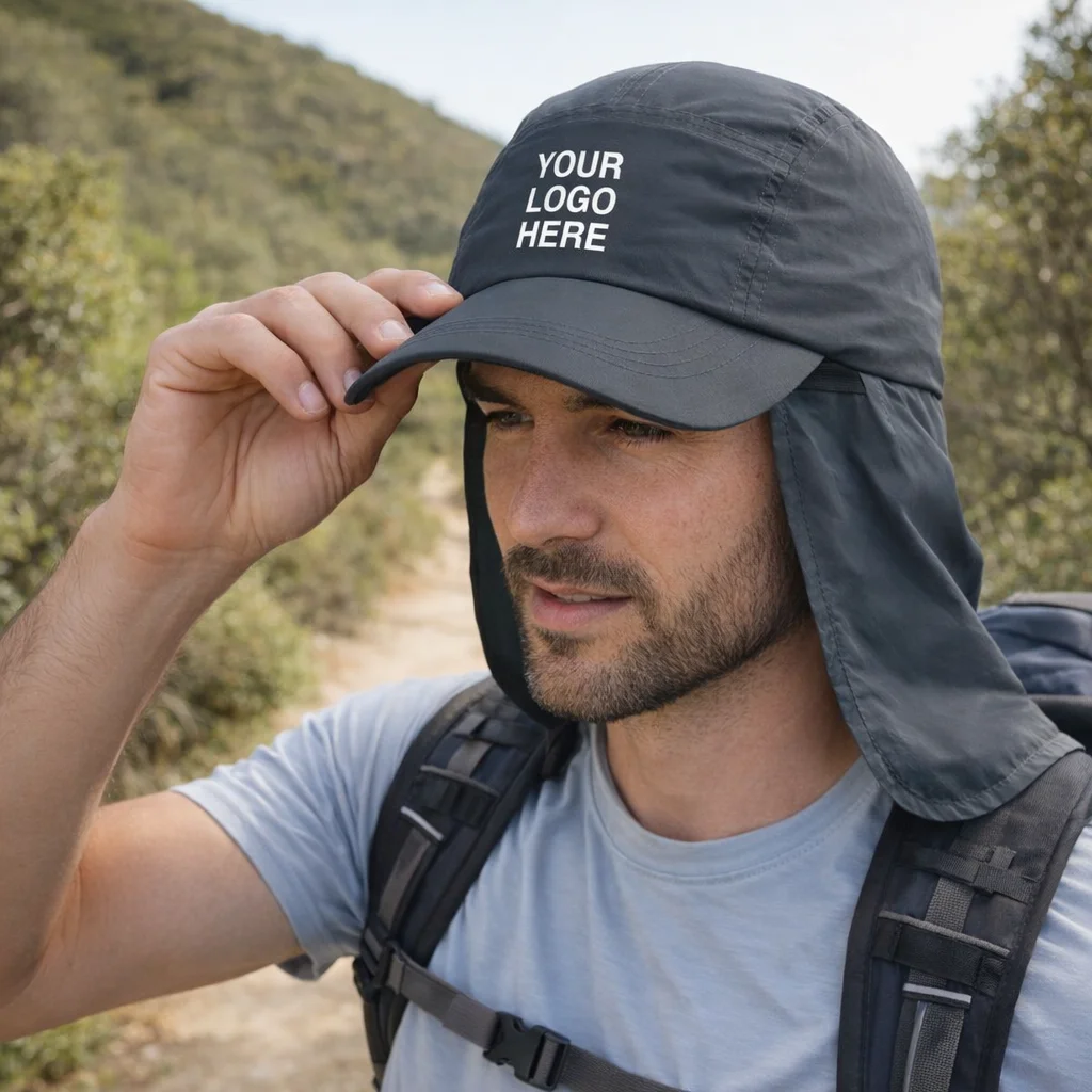 Man hiking in a Legionnaires Cap with custom logo on the front for sun protection.