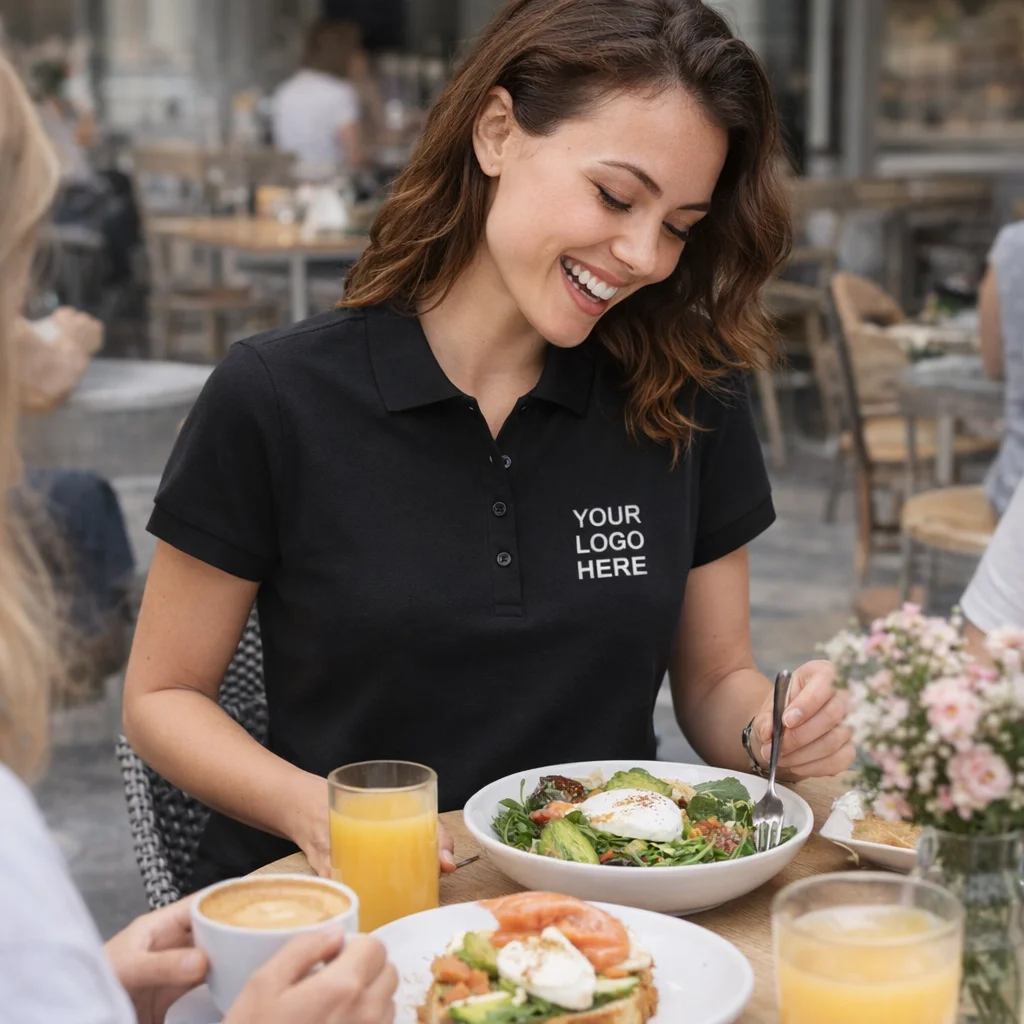 Smiling woman in a Sols Passion Womens Polo eating salad at an outdoor cafe, YOUR LOGO HERE.