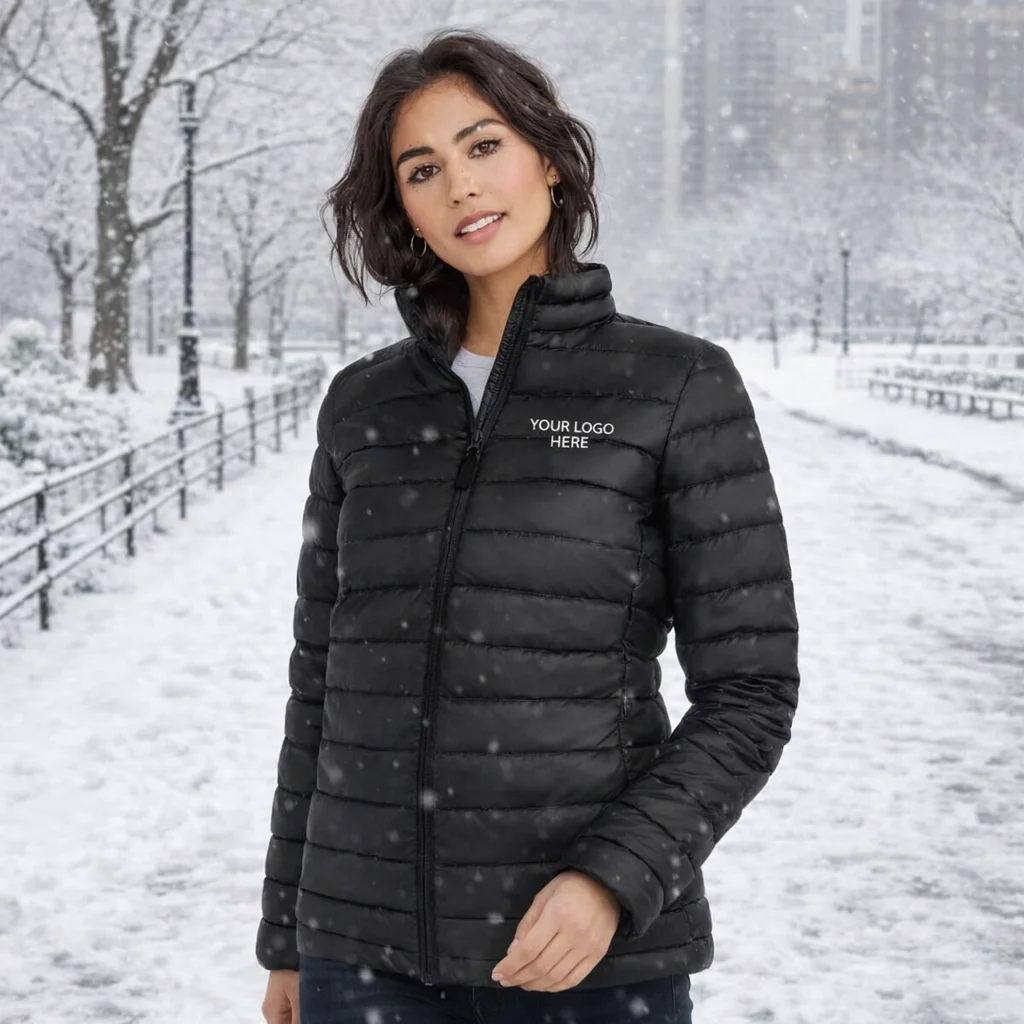 Woman in a Sols Wilson Womens Puffer Jacket stands in a snowy park with city buildings behind.