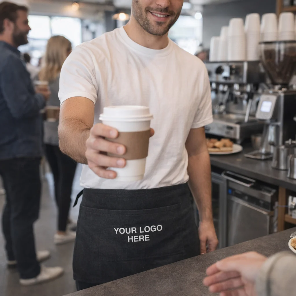 Barista in white shirt and Lyra Denim Waist Apron serves coffee to customer in busy café.