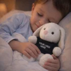 Young child sleeping while hugging a Rabbit Custom Plush Toy in a branded shirt.