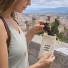 Woman puts sunglasses in Albans Sunglass Pouch, YOUR LOGO HERE visible, city view behind.