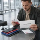 Man at airport table with Brent Travel Wallets, boarding pass, and YOUR LOGO HERE pouch.