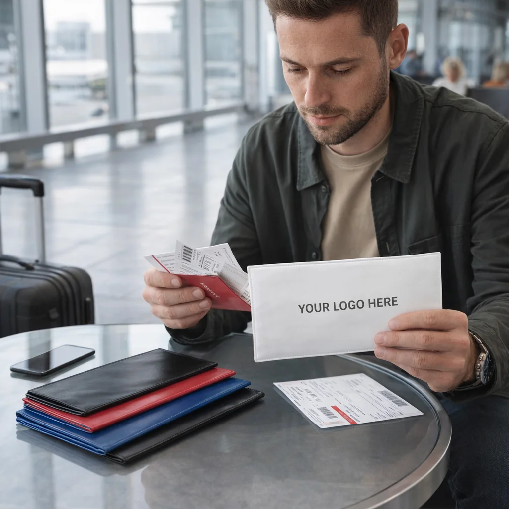 Man at airport table with Brent Travel Wallets, boarding pass, and YOUR LOGO HERE pouch.