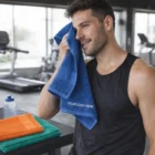 Man at gym wipes face with Hobart Compact Terry Towel; extras and bottle on bench nearby.