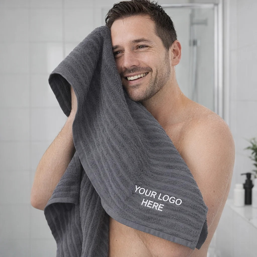 Smiling man drying his face with Bath Towels featuring "Your Logo Here" in gray.