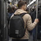 Man with black Promotional Bobby Anti-Theft Backpack reading YOUR LOGO HERE on crowded subway.
