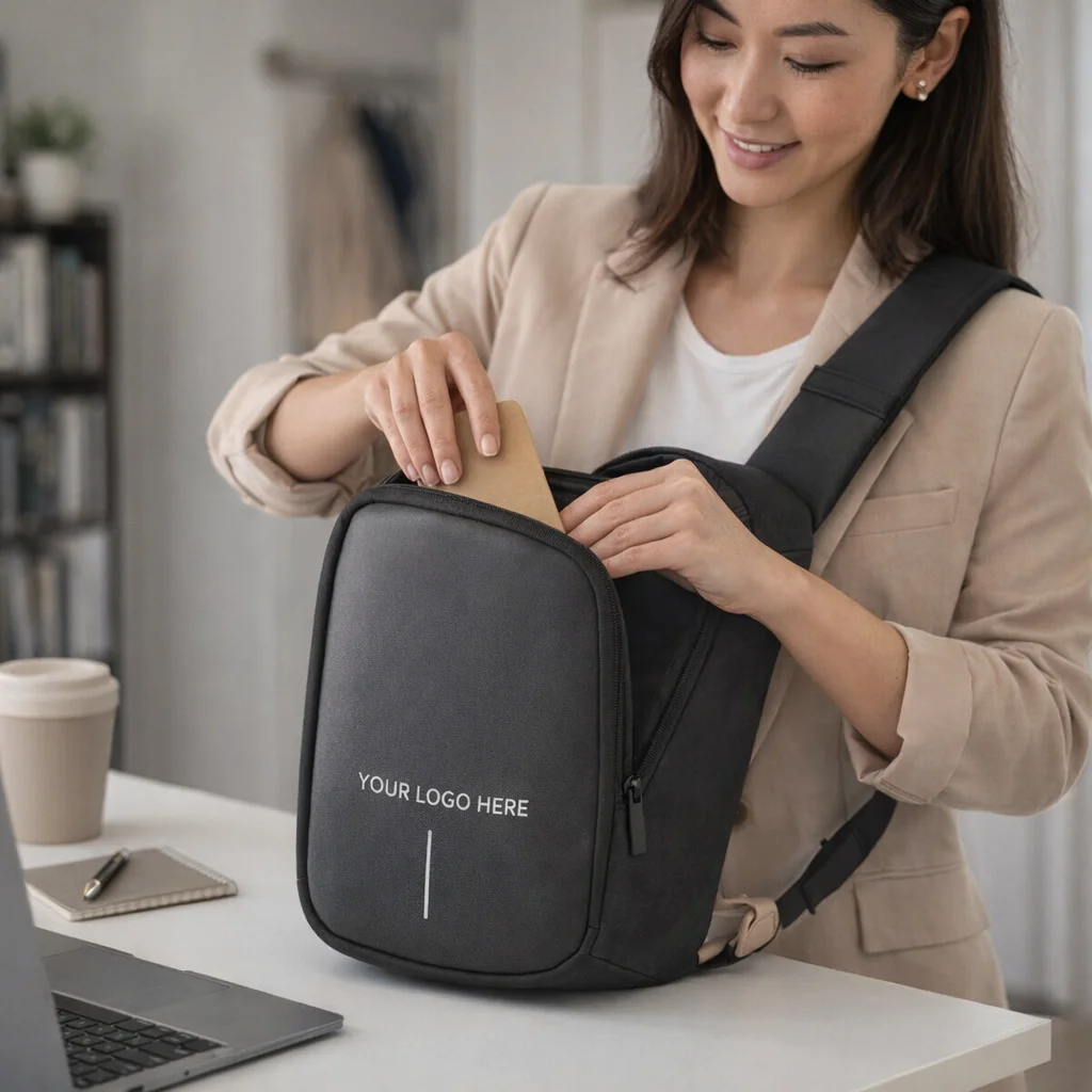 Woman puts a notebook in a Kobe Branded Sling bag with "Your Logo Here" on the front.
