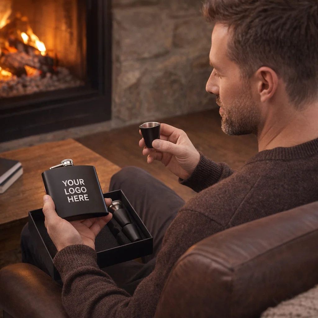 Man relaxing by the fireplace with a Lewes Hip Flask Gift Set in a cozy room.
