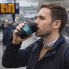 Man drinking from a 350ml Enfield Cup Regrinds at a train station, arrivals board behind.