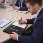 Man in suit writing in notebook with Pierre Cardin Valence Portfolios on table.