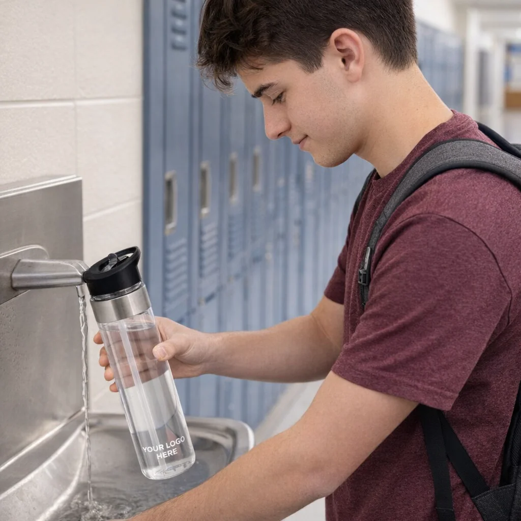 Teen boy fills a Merton Branded Bottle at a hallway drinking fountain by the lockers.