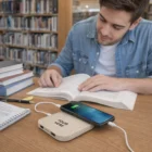 Man reading at a library table with phone charging on a Hamilton Wireless Chargers Square.