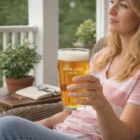 Woman relaxes on porch holding a Bilgola Classic Pint Glass with custom logo displayed.