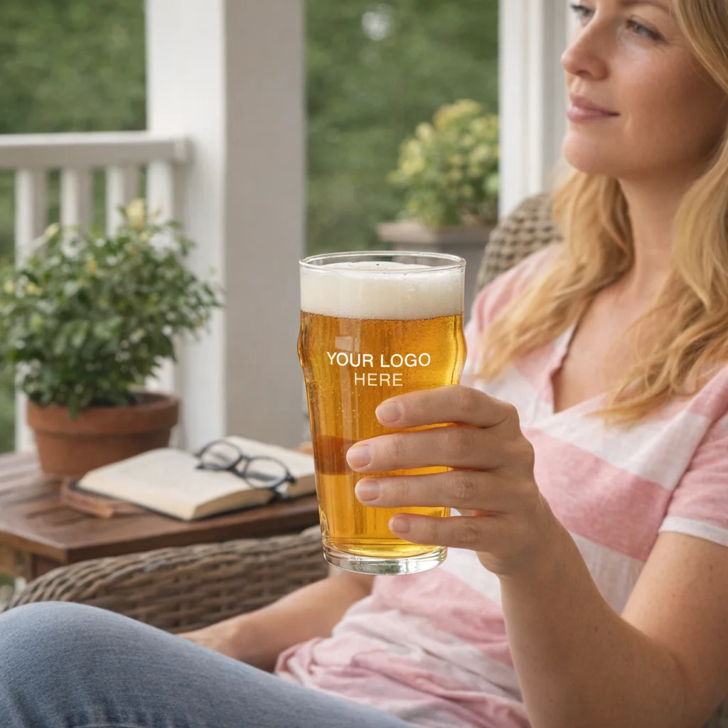Woman relaxes on porch holding a Bilgola Classic Pint Glass with custom logo displayed.
