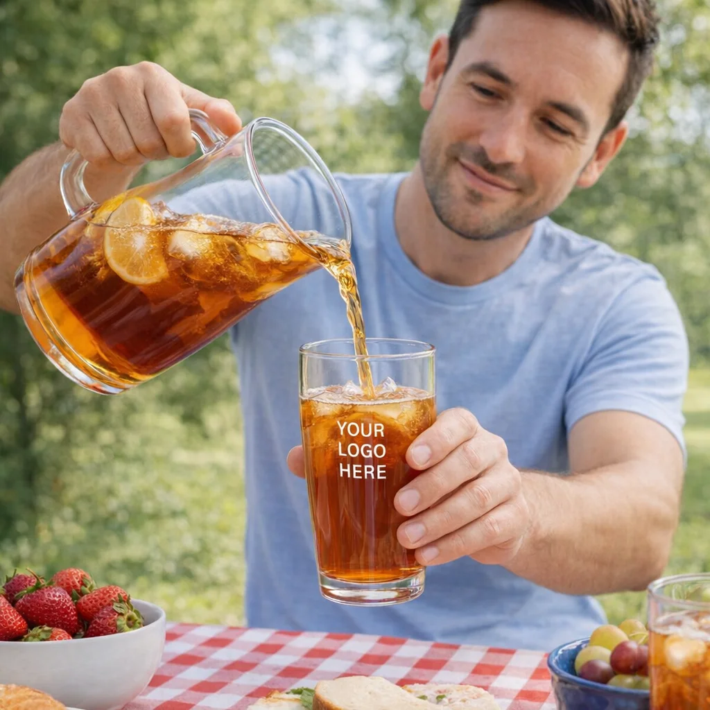 Man pouring iced tea into a Personalised Greenmount Glass Tumbler at a picnic table.