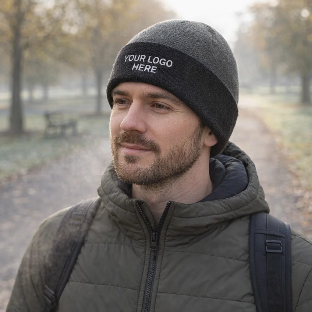 Man in park wears Kameron Two Toned Beanie with "Your Logo Here" and a green jacket.