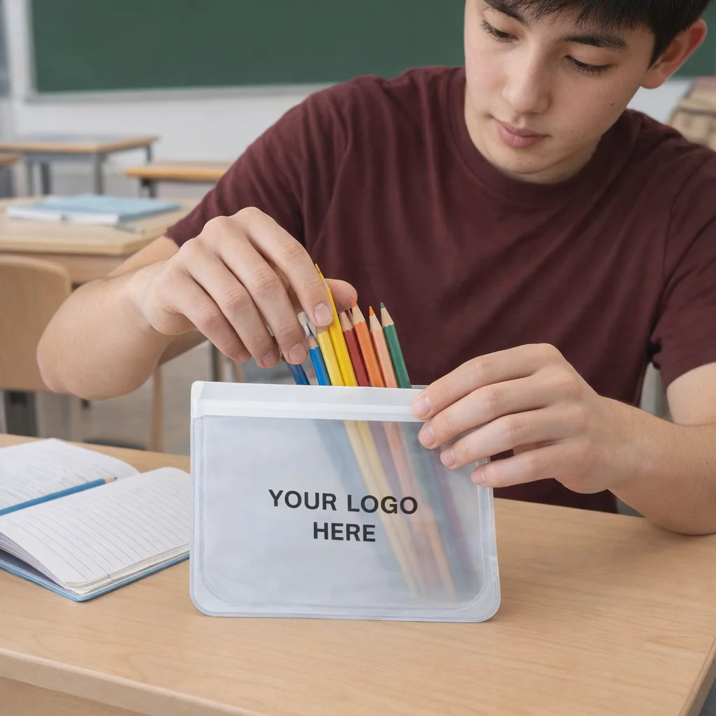 A student puts colored pencils into a large Aurelia Reusable Pouch at their desk.