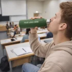 Student drinks from Cloverdale Aluminium Bottle with custom logo in a classroom.