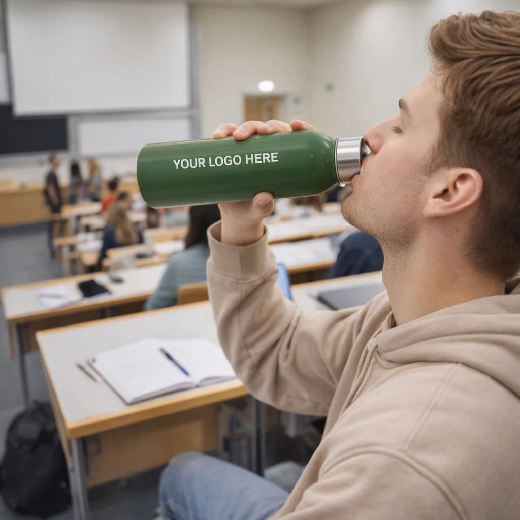 Student drinks from Cloverdale Aluminium Bottle with custom logo in a classroom.