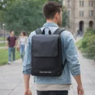 Man with a black Moleskine Slim Backpack walks outside; YOUR LOGO HERE on the backpack.