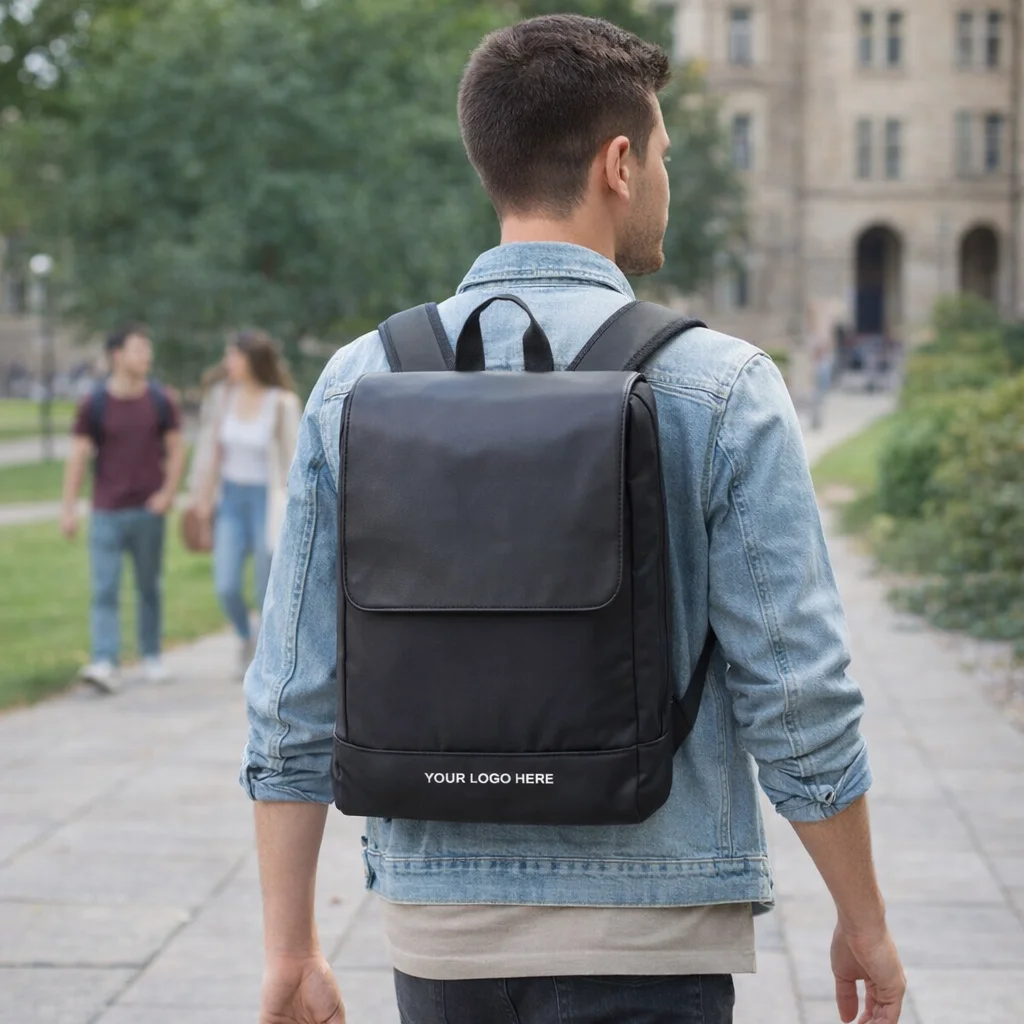 Man with a black Moleskine Slim Backpack walks outside; YOUR LOGO HERE on the backpack.