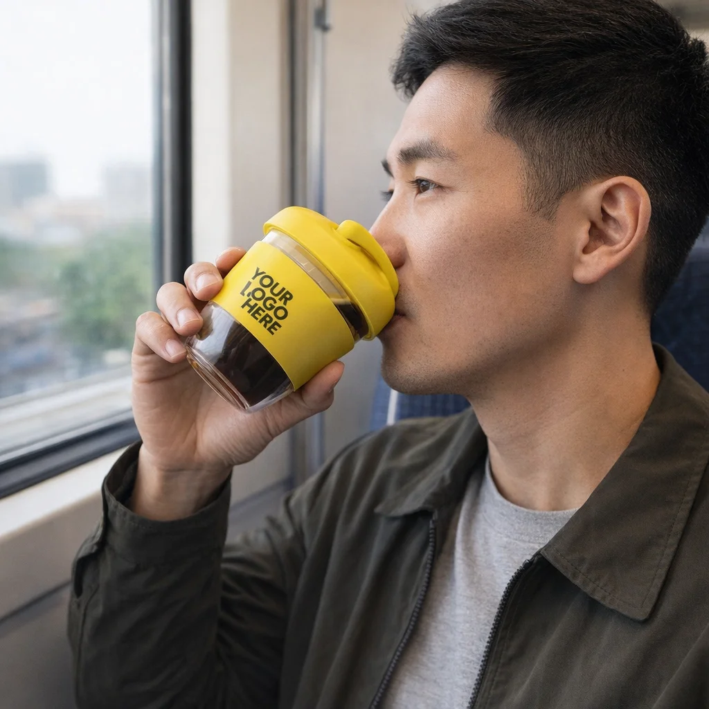 Man drinks from a yellow Stellar Cups Brunswick 250Ml with 'Your Logo Here' label on train.