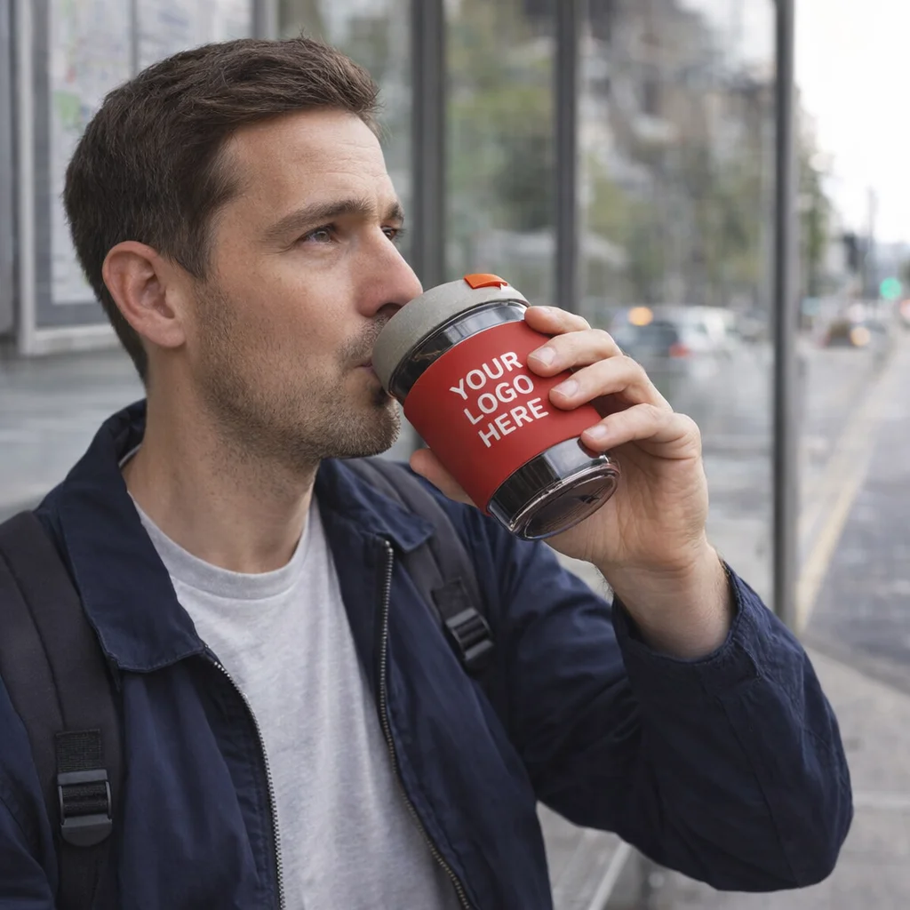 Man at bus stop drinks from a red Stellar Cups Avalon 350Ml with Your Logo Here on it.