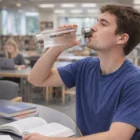 Man in blue shirt drinks from Halifax Translucent Bottle in Halifax library.