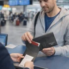 Man at airport check-in hands Pierre Cardin Leather Passport Wallet to airline staff.