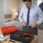 Man in dress shirt tries on a belt next to Pierre Cardin Leather Wallet Belt Gift Sets.